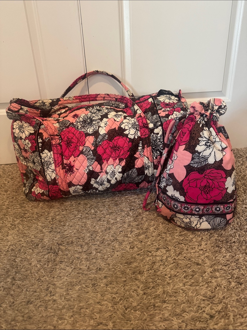 Vera Bradley Pink Floral Quilted Travel Duffel and Drawstring Toiletries Bag